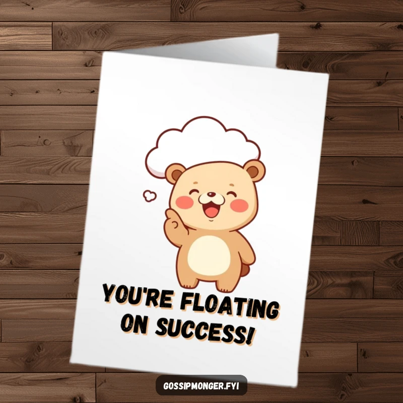 Funny Free Printable Congrats Card showing a happy kawaii bear pointing at a gossipy cloud, perfect for sharing news.