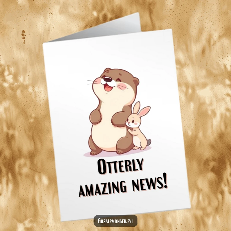Funny Free Printable Congratulations Card featuring a delighted otter belly-slapping with laughter while watching a tiny rabbit share a secret.