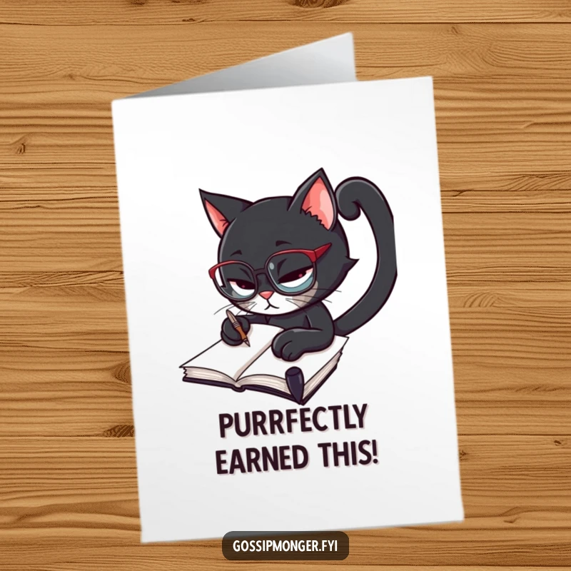 Funny Free Printable Congrats Card: Black cat scholar in glasses writing furiously, celebrating academic or career wins.
