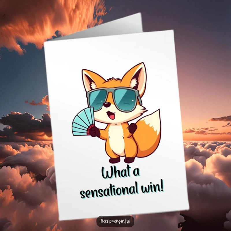 Funny free printable congratulations card featuring a tiny fox with oversized sunglasses, enthusiastically fanning and celebrating.