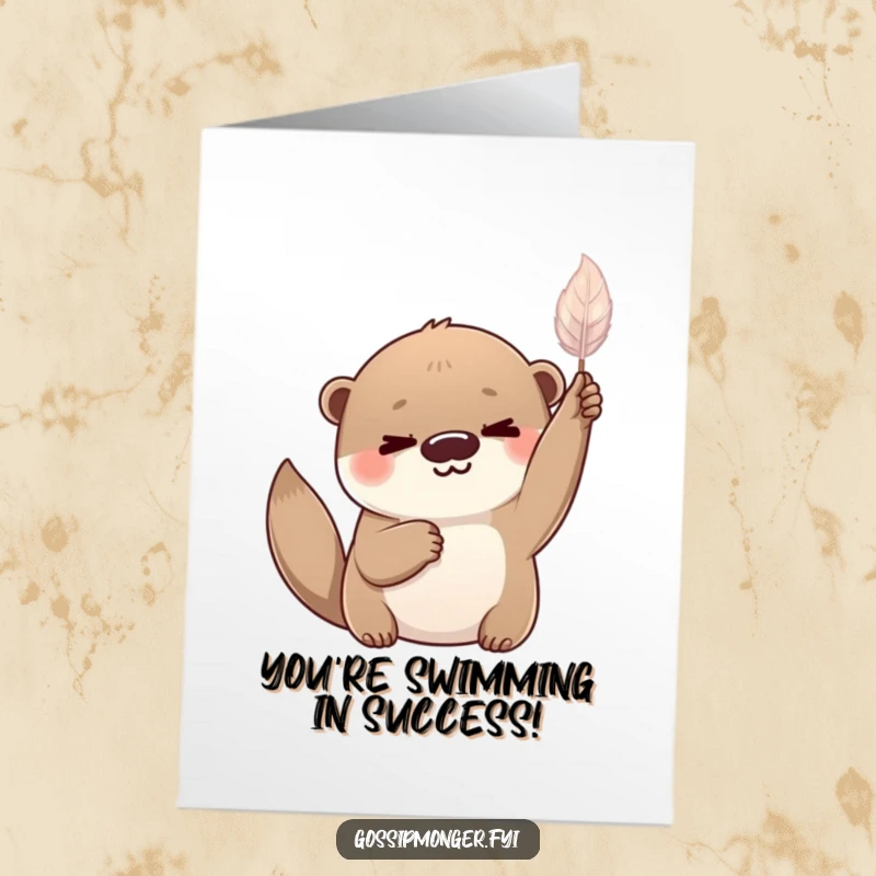 Funny Free Printable Congrats Card: Playful otter with a knowing smile holding aloft a shimmering feather, celebrating wins.