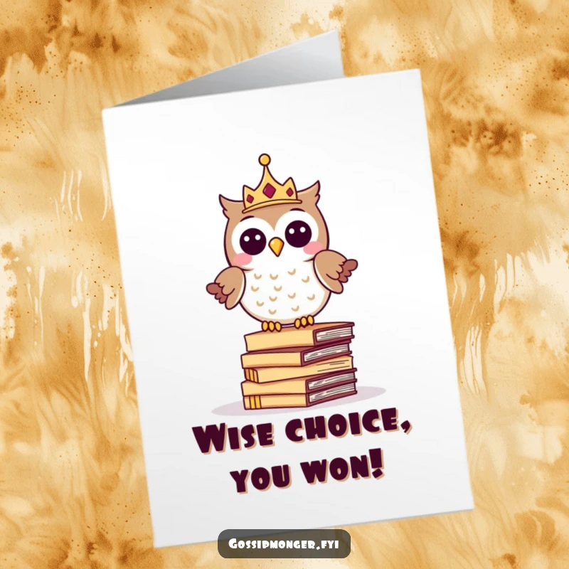 Funny Free Printable Congrats Card: Giggling crowned owl perched on whispering letters. Celebrating success and wisdom.