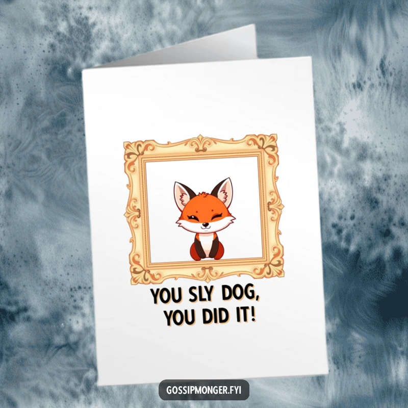 Funny Free Printable Congrats Card: Red fox winking from inside a large, empty picture frame, celebrating wins.