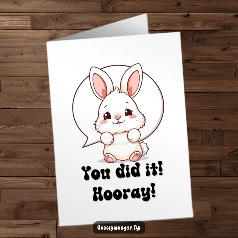 Funny Free Printable Congratulations Card showing a fluffy bunny peeking from behind a speech bubble, offering a heartwarming and hilarious message.
