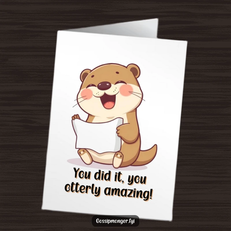 Funny Free Printable Congrats Card: Mirthful otter holding crumpled paper, radiating pure joy and celebratory giggles.
