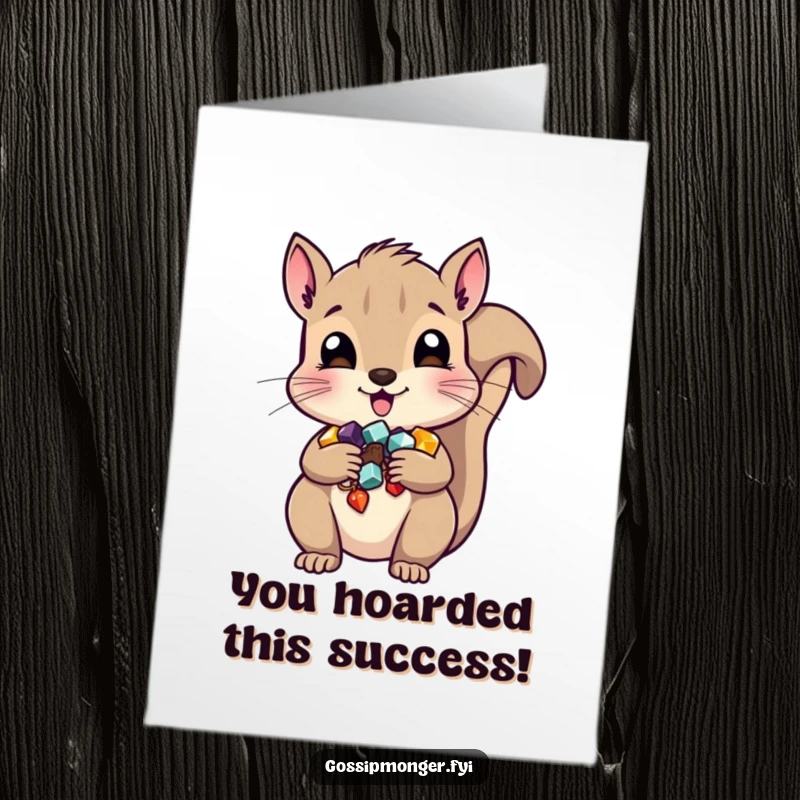 Funny Free Printable Squirrel Congratulations Card, a cute squirrel stuffing its cheeks with shiny goodies, ready to celebrate your success.