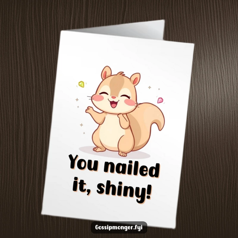 Funny Free Printable Congrats Card featuring a happy kawaii squirrel juggling shiny gems, a delightful surprise.
