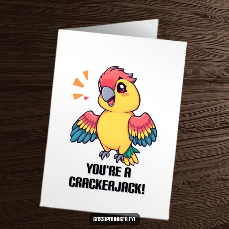 Funny Free Printable Congrats Card: Vibrant parrot with sassy tilt making sound effects, celebrating achievements with zest.