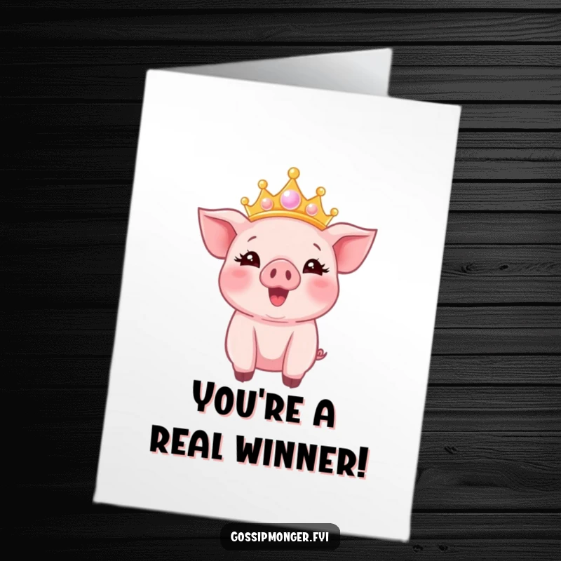 Free Printable Congratulations Card: A happy pink piglet, adorned with a shimmering bubble crown, celebrates a special achievement with delight.