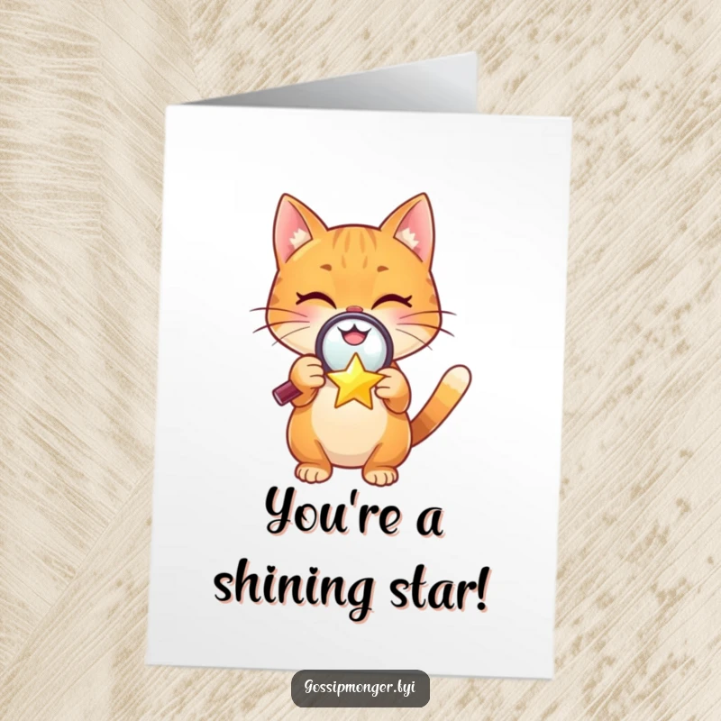 Free Printable Congratulations Card: A cheerful orange cat uses a magnifying glass to inspect a tiny, winking star, celebrating a success.