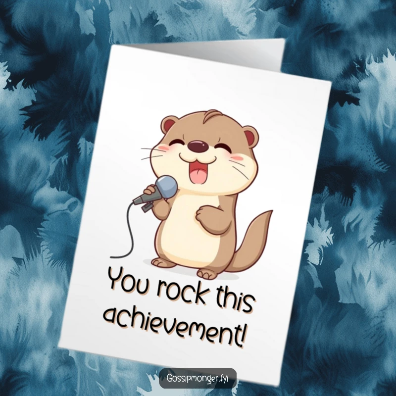 Funny Free Printable Congratulations Card with a joyful otter singing into a seashell microphone, celebrating a big win.