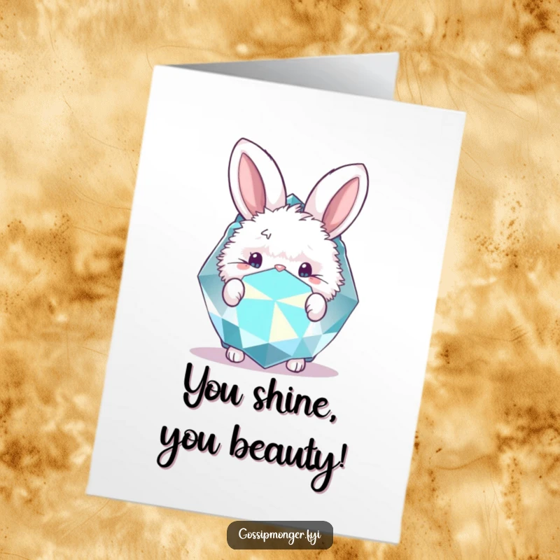 Funny Free Printable Congratulations Card: A fluffy bunny peeks from behind a massive, glittering gemstone, celebrating success.