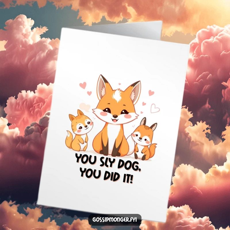Funny Free Printable Congratulations Card: A smiling fox whispers covertly to delighted woodland creatures, sharing exciting updates.