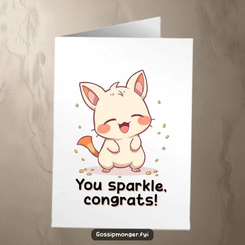 Funny Free Printable Congratulations Card: A mischievous creature with a pointy tail giggles, scattering tiny shiny objects.
