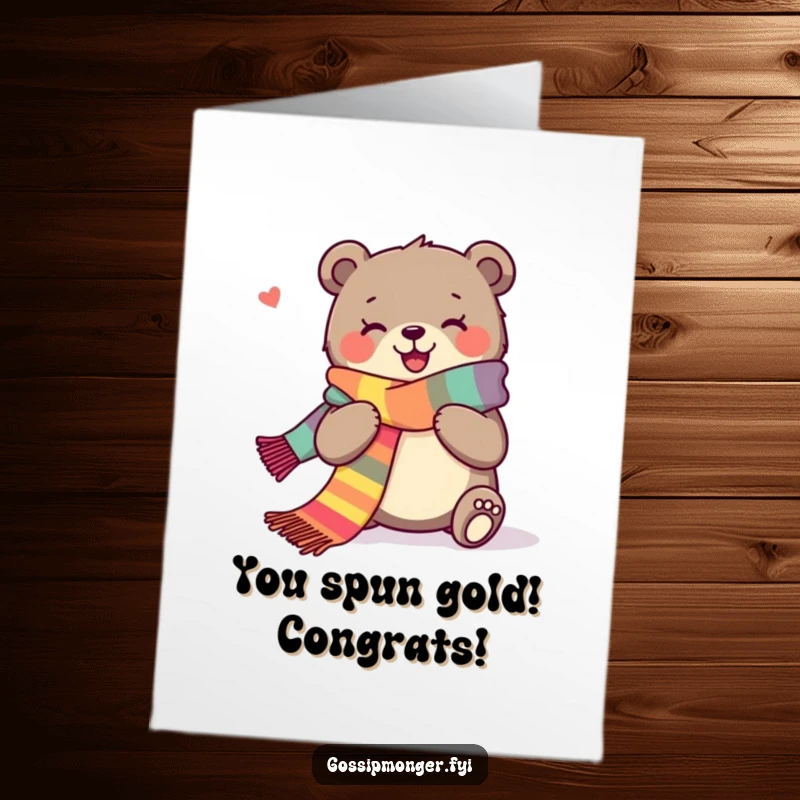 Funny Free Printable Congratulations Card showing a joyous bear knitting a long scarf, symbolizing warmth and achievement.