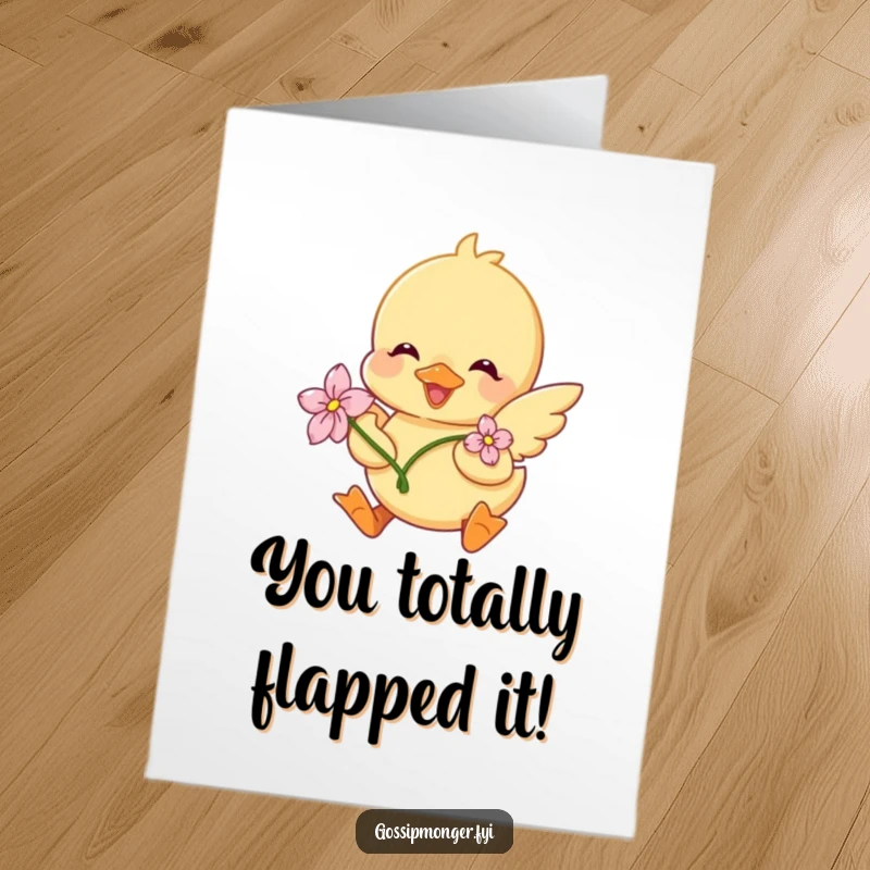 Funny Free Printable Congratulations Card: An adorable duckling wearing a flower, fluttering wings in excited celebration.