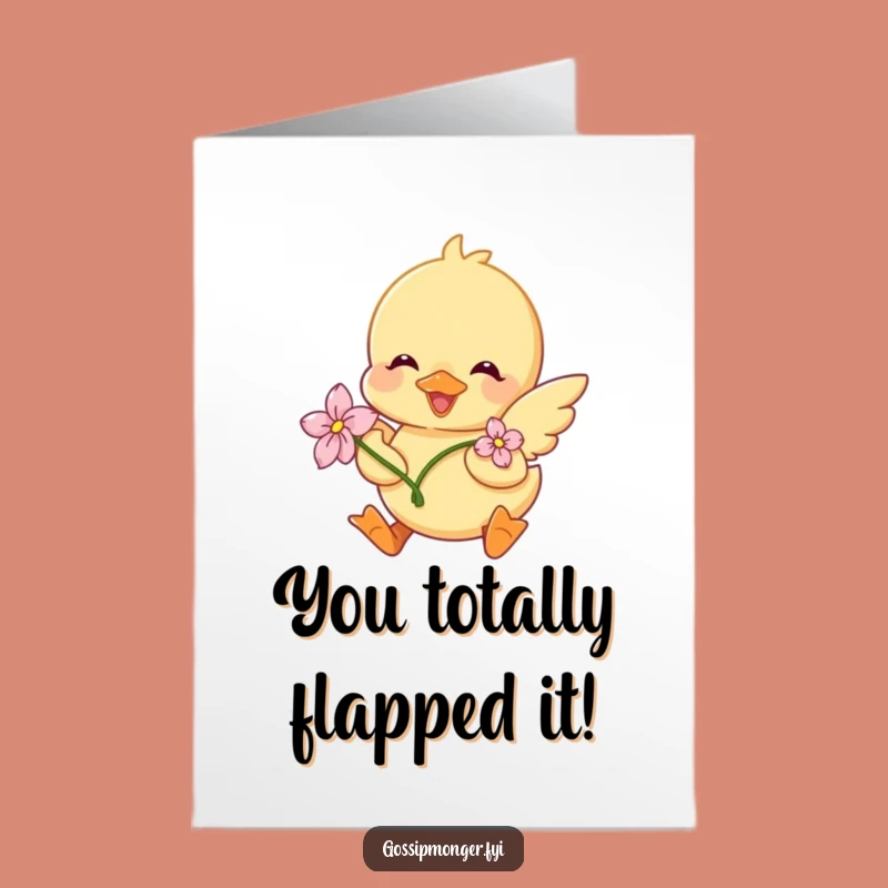 Free Printable Congrats Card: Cheerful Duckling Flower Celebration - Downloadable E-Card