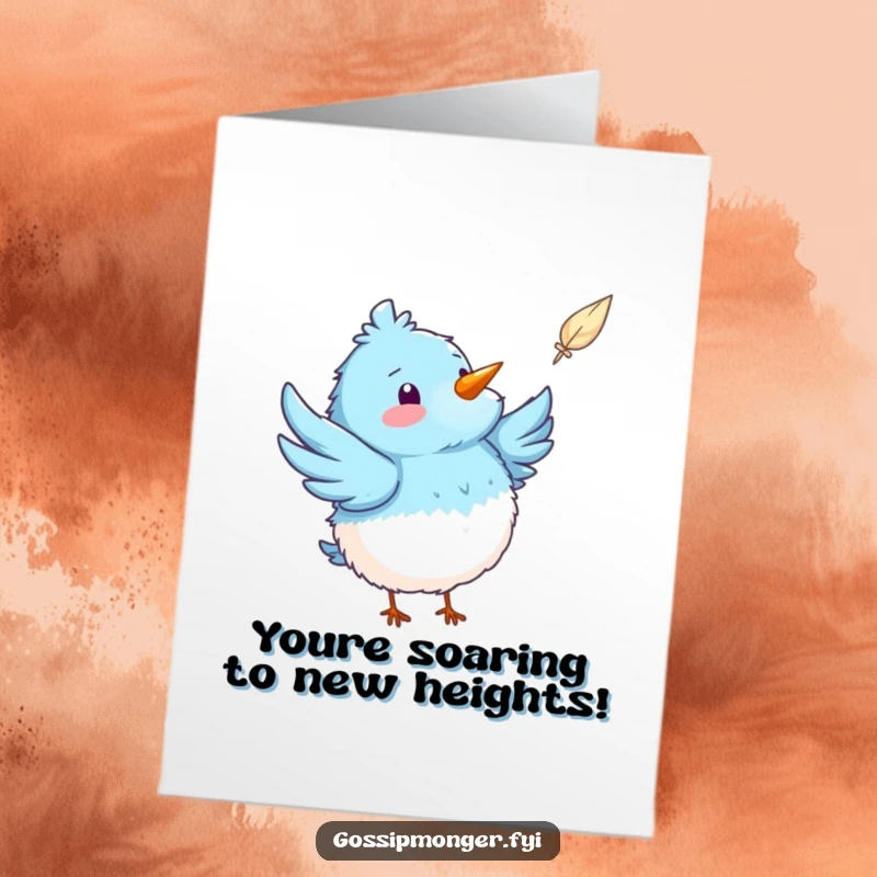 Funny Free Printable Congratulations Card: A happy blue bird enthusiastically points a wing towards a whimsical floating feather.