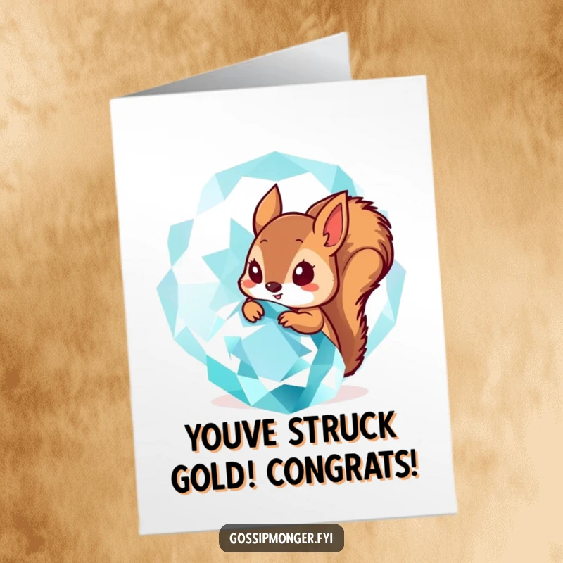 Funny Free Printable Congratulations Card: Tiny squirrel peeking behind a huge sparkling gemstone, celebrating a big win.