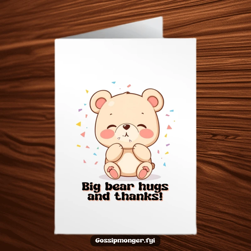 Funny Free Printable Bear Thank You Card, a cute bear blowing a confetti kiss, offering a cheerful and affectionate thank you message.