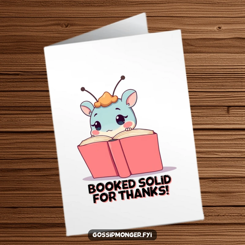 Funny Free Printable Thank You Card featuring a curious creature with antennae peeking over a book.