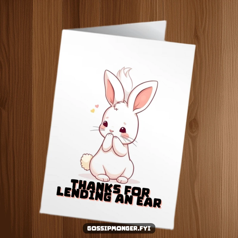 Funny Free Printable Thank You Card with a kawaii rabbit sharing secrets in a big fluffy ear, a charming gesture.