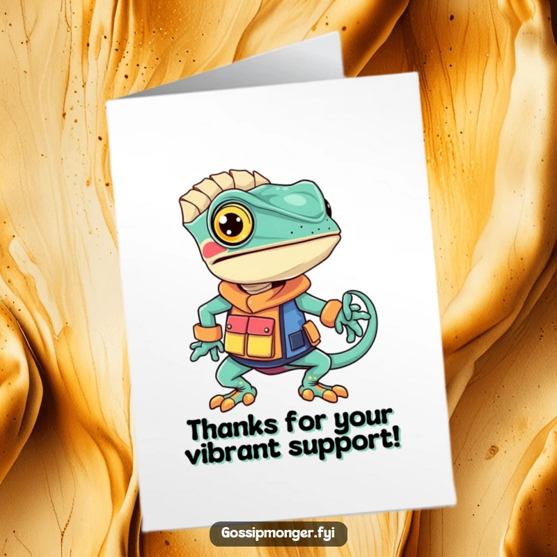 Funny Free Printable Thank You Card: A chameleon proudly wearing a distinctive and colorful outfit, showing off its unique style.