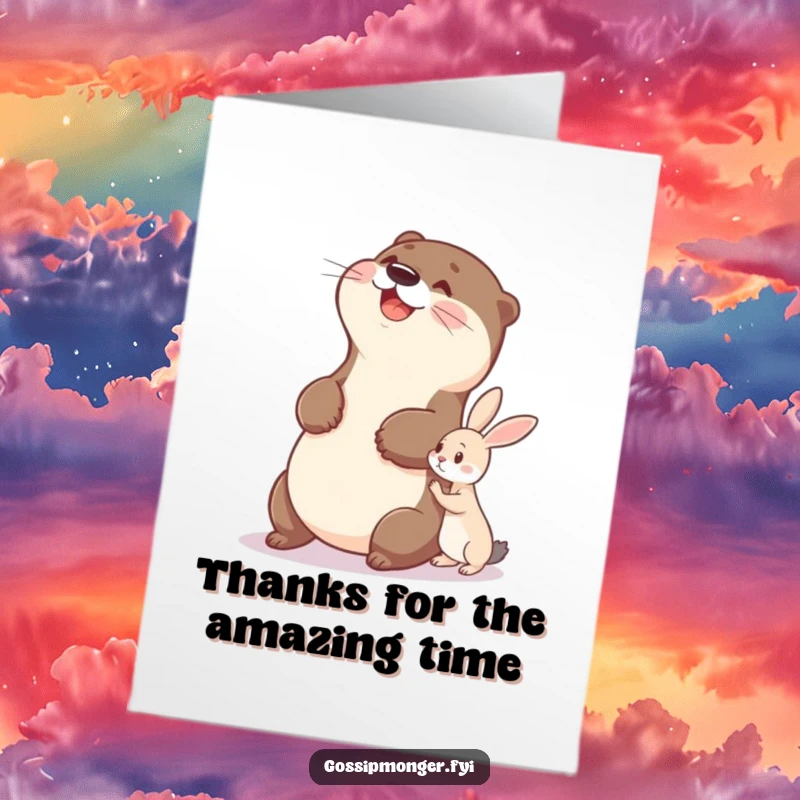 Funny Free Printable Thank You Card: An otter laughing heartily while observing a tiny rabbit whisper, conveying humorous gratitude.