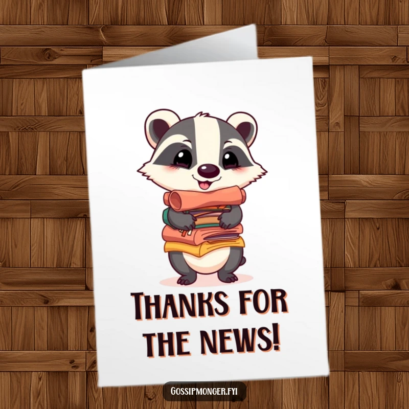 Funny free printable thank you card: a cheerful badger balances scrolls of colorful gossip, expressing thanks.