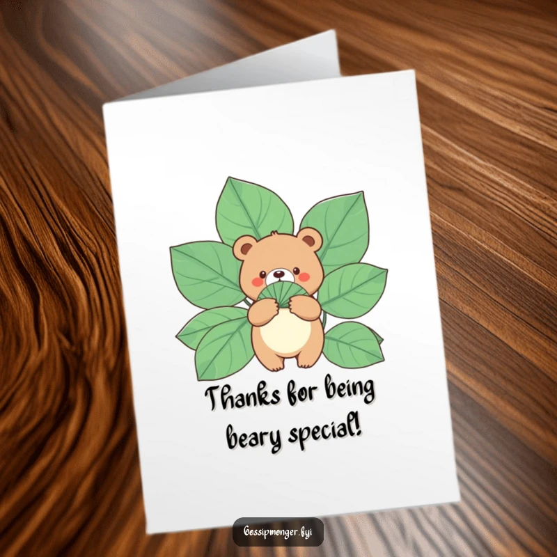 Funny Free Printable Thank You Card: A small bear holding a giant leaf fan, offering cool thanks. Downloadable charm.
