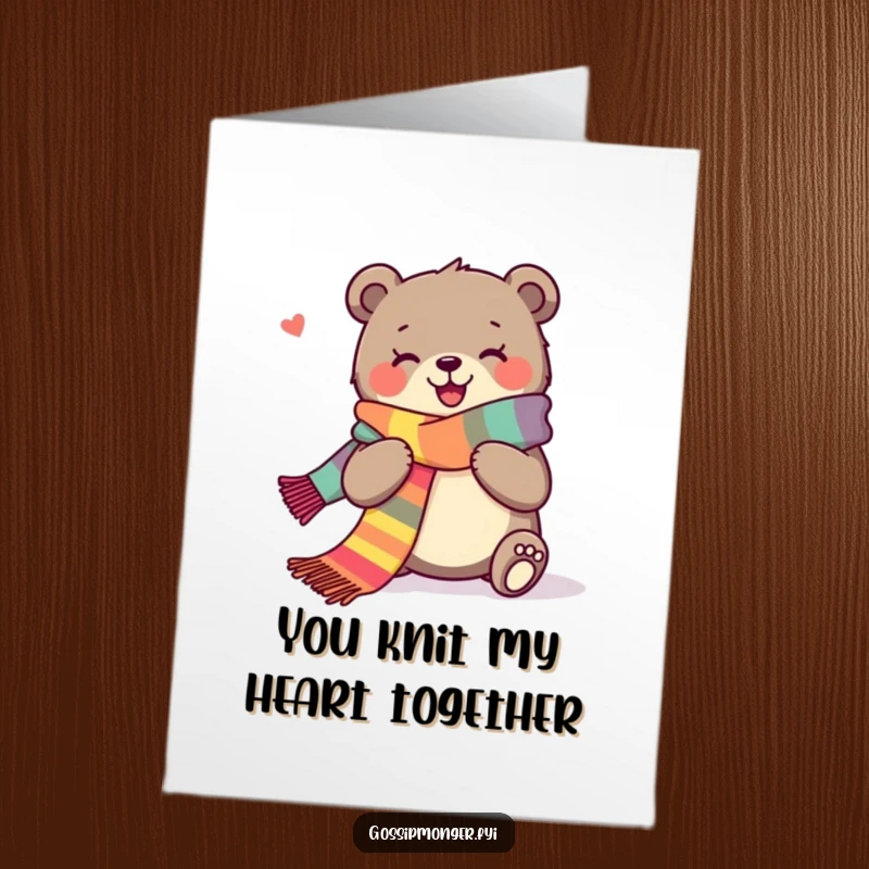 Funny Free Printable Thank You Card with a joyous bear knitting a long, colorful scarf, a cozy downloadable sentiment.
