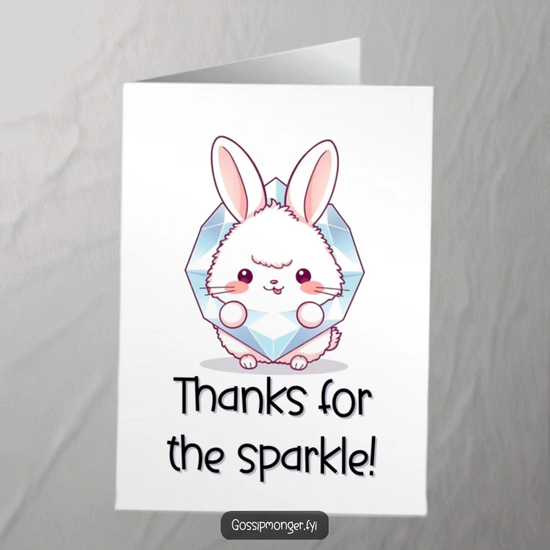 Funny free printable thank you card: a fluffy bunny peeks from behind a large, sparkling diamond, conveying thanks.