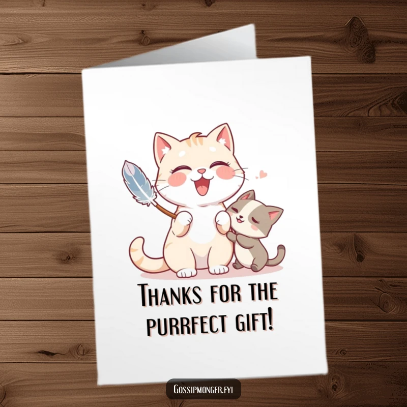 Funny Free Printable Thank You Card: A giggling cat uses a feather duster to playfully tickle someone, expressing thanks.