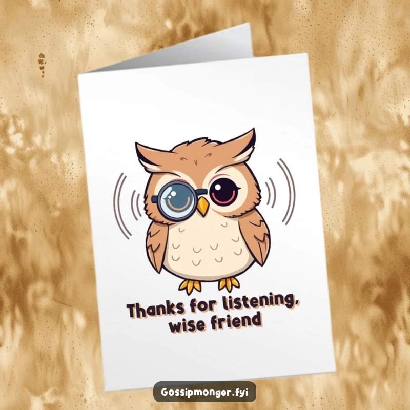 Funny Free Printable Thank You Card: A wise owl with a monocle attentively listens to a sound wave, showing deep appreciation.