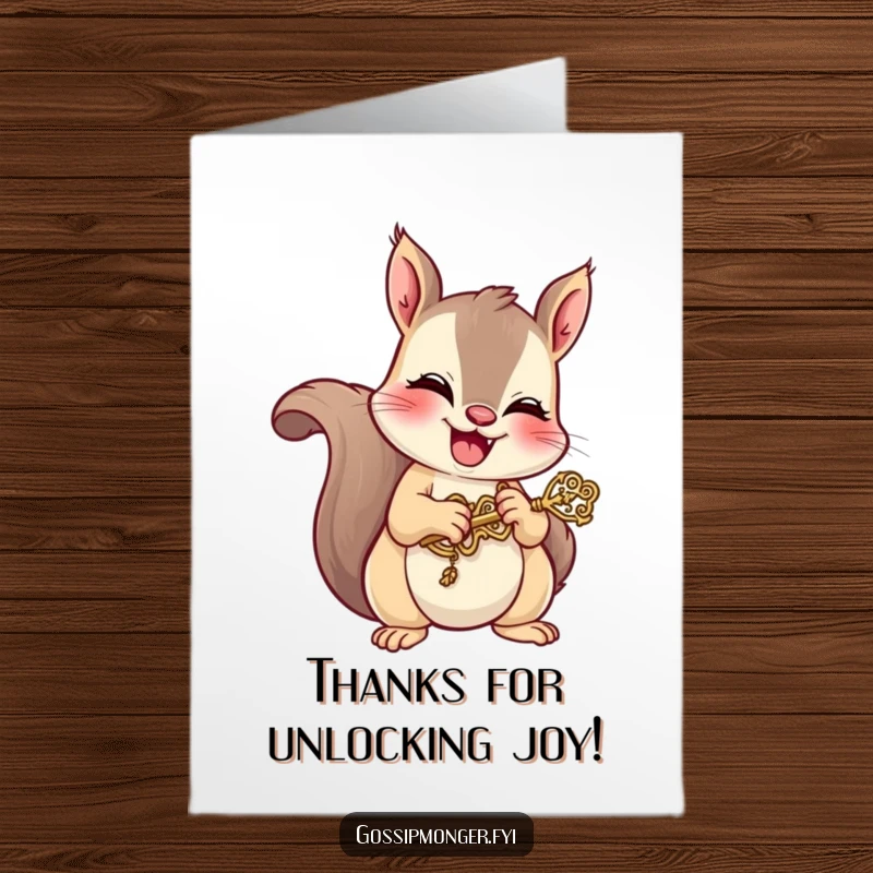 Funny free printable thank you card: a giggling squirrel holds a tiny, ornate key, unlocking gratitude.