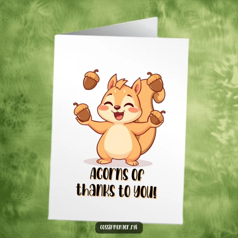 Funny Free Printable Thank You Card depicting a happy squirrel juggling acorns, expressing sincere thanks.