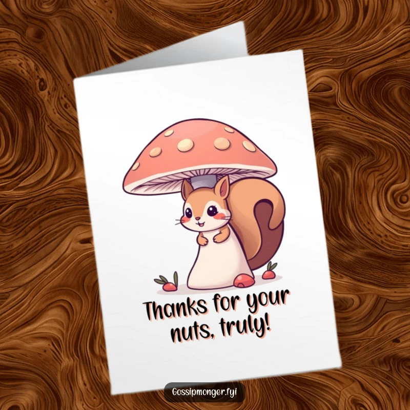 Funny free printable thank you card with a cute, curious squirrel peeking from behind a giant mushroom, offering thanks secretly.