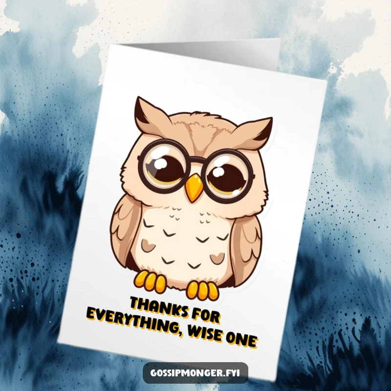 Funny Free Printable Thank You Card: A surprised owl adjusts its monocle, looking taken aback with thanks.