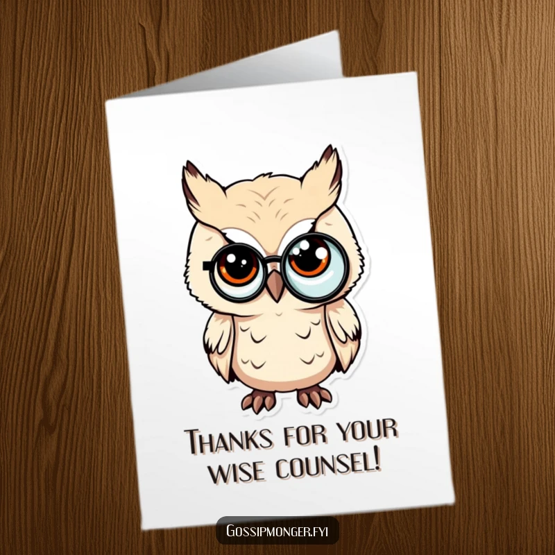 Funny Free Printable Thank You Card: A tiny owl wearing a monocle slyly winks, expressing thanks with sophisticated humor.