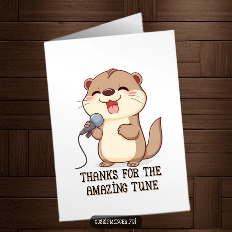 Funny Free Printable Thank You Card featuring a giggling otter using a seashell as a microphone to sing its thanks.