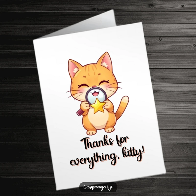 Funny Free Printable Thank You Card: An orange cat looks through a magnifying glass at a small, winking star, conveying thanks humorously.