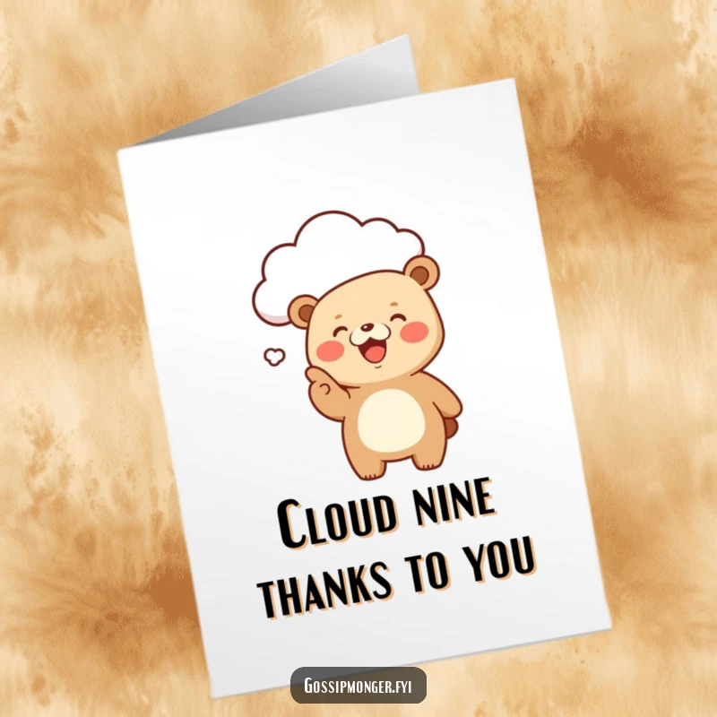 Funny Free Printable Thank You Card with a giggling kawaii bear pointing at a cloud, sharing happy tidings.