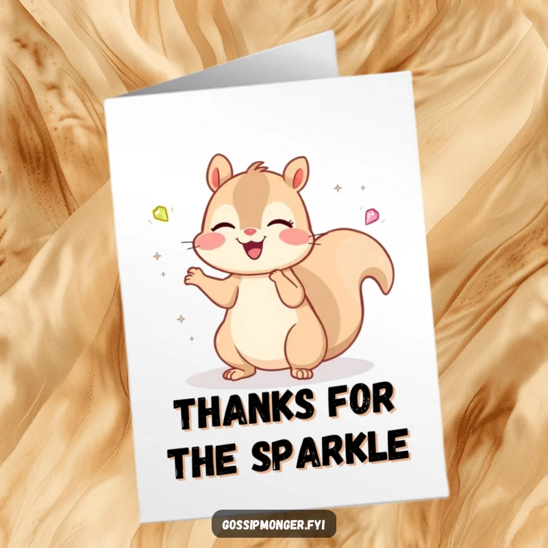 Funny Free Printable Thank You Card with a cheerful kawaii squirrel juggling bright gems, a unique way to express thanks.