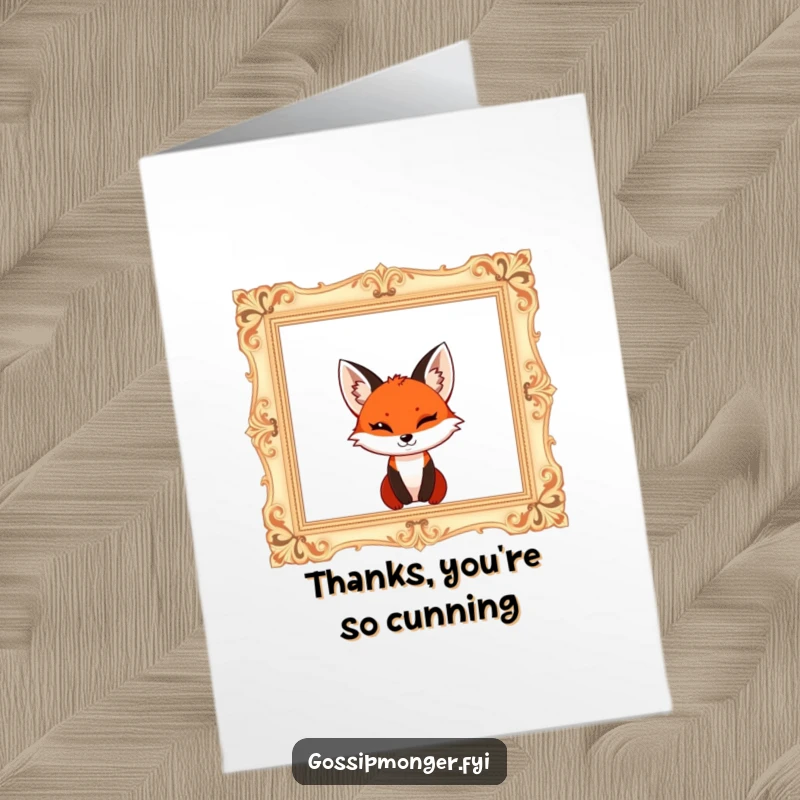 Funny Free Printable Thank You Card: Red fox peeking from an ornate frame with a mischievous wink and cheerful expression.