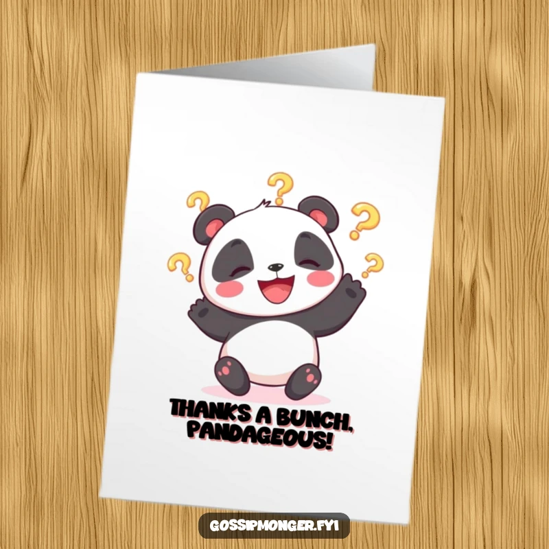 Funny Free Printable Thank You Card: A happy panda bear juggles glowing question marks, offering a humorous way to express gratitude.