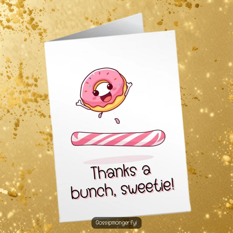 Funny Free Printable Thank You Card: A cheerful donut performing a happy bounce on a colossal candy cane, conveying gratitude.