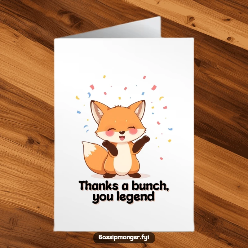 Funny Free Printable Thank You Card with a giggling fox showering confetti, offering a playful and sincere expression of gratitude.