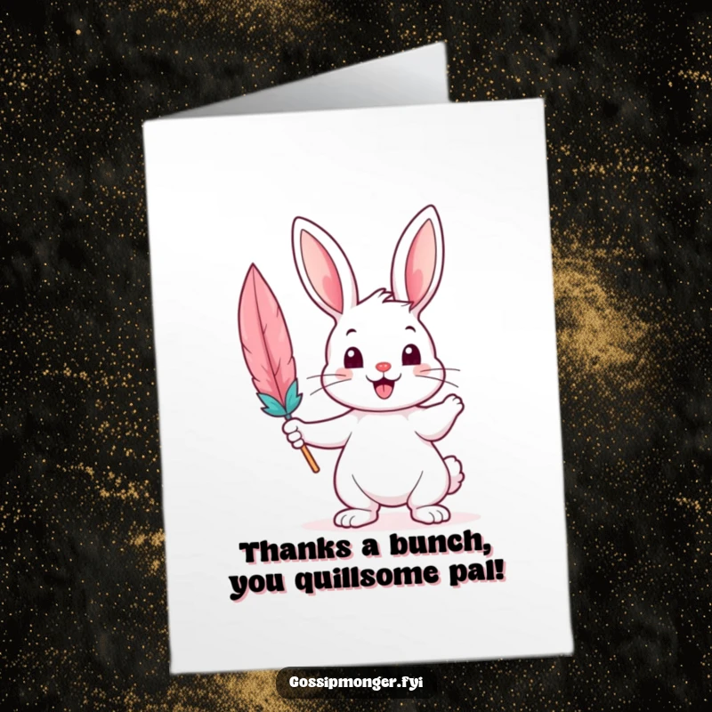 Funny free printable thank you card: cheerful bunny holding a large colorful feather quill, expressing sincere thanks with a quirky style.