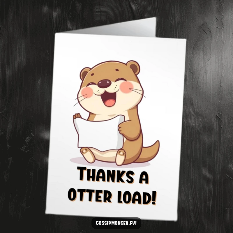 Funny Free Printable Thank You Card: A cheerful otter holding a crumpled note and giggling, perfect for showing thanks.