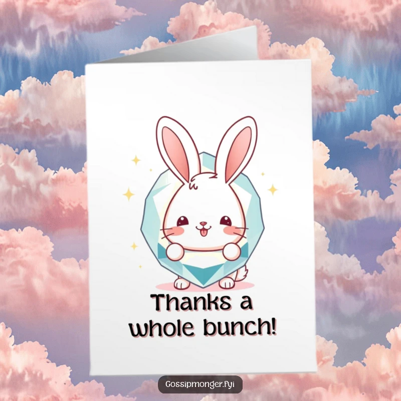 Funny Free Printable Thank You Card: Cheerful bunny peeking from behind a sparkly gemstone, expressing heartfelt thanks humorously.